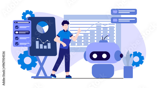 Professional worker presenting data alongside a smart robot representing industrial automation