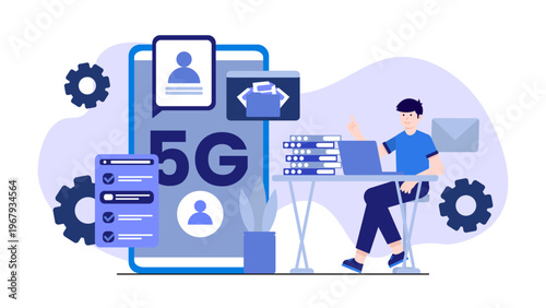 Businessman working on a laptop with a giant 5G smartphone representing high-speed connectivity