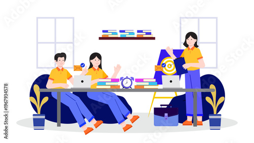 Modern office interior scene featuring employees working together at a long desk with laptops and books in a clean flat style