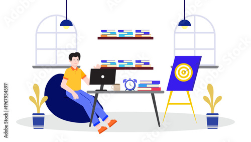 A focused employee working at an office desk with a computer monitor a cup of coffee and a target board