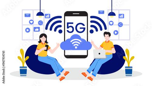 People using high speed 5G network technology for business communication and cloud data connectivity