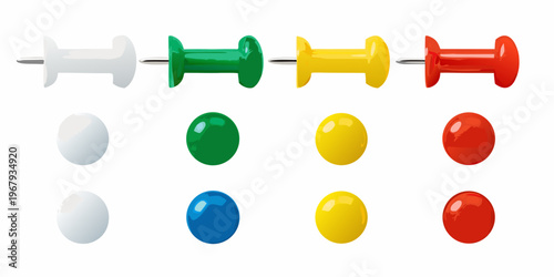 Colorful push pins and their corresponding round heads are displayed