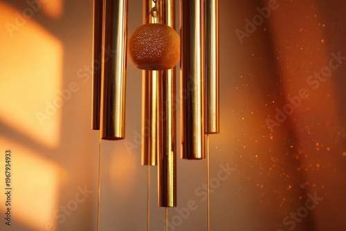 Elegant golden wind chime with soft lighting and warm tones