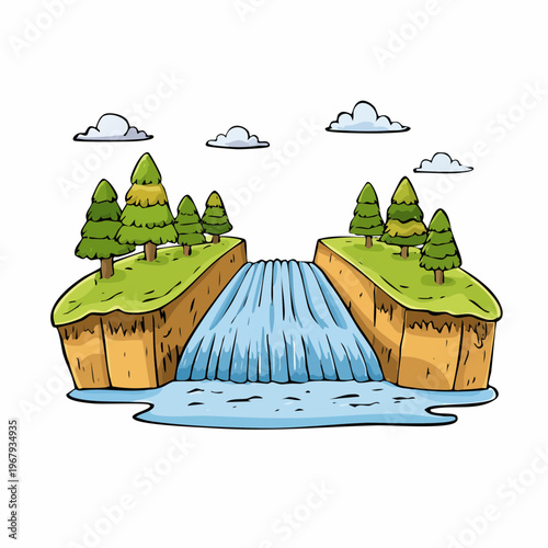 Cartoon illustration of a beautiful waterfall cascading down a cliff into a serene river, surrounded by lush green trees and fluffy clouds.