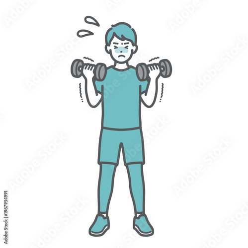 苦戦しながらダンベルトレーニング（筋トレ）をする男性のイラスト