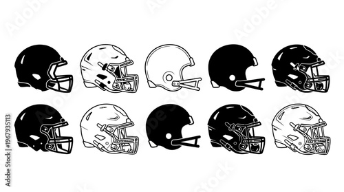 "American Football Helmets Vector Illustration, Sports Equipment Designs, Protective Gear, Faceguard Styles, Padding Details, Black and White Outlined Versions, Athletic Icon, Graphic Art Collection"