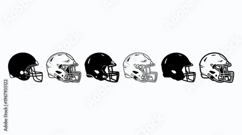 "American Football Helmets Vector Illustration, Sports Equipment Designs, Protective Gear, Faceguard Styles, Padding Details, Black and White Outlined Versions, Athletic Icon, Graphic Art Collection"