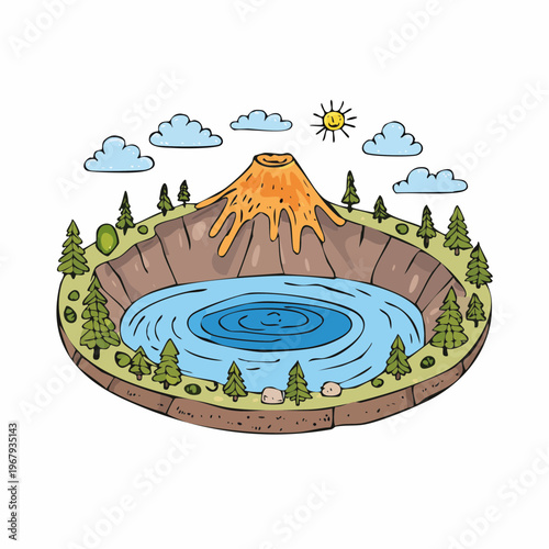 Cross-section illustration of a volcanic crater lake with a small volcano erupting lava into the sky under a sunny day with clouds.