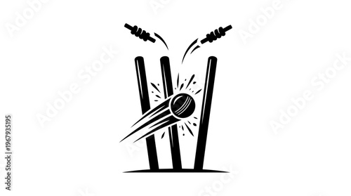 "Cricket Wicket Hit Vector Illustration, Ball Strikes Stumps, Flying Bails, Dynamic Motion Lines, Bold Black Design, Sports Symbol, Artistic Graphic, Game Moment, Athletic Event"