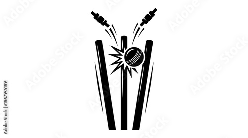 "Cricket Wicket Hit Vector Illustration, Ball Strikes Stumps, Flying Bails, Dynamic Motion Lines, Bold Black Design, Sports Symbol, Artistic Graphic, Game Moment, Athletic Event"