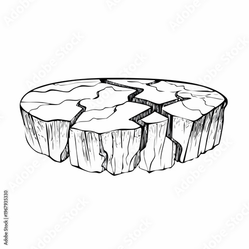 Cracked ice floe or iceberg with deep fissures, hand-drawn illustration.