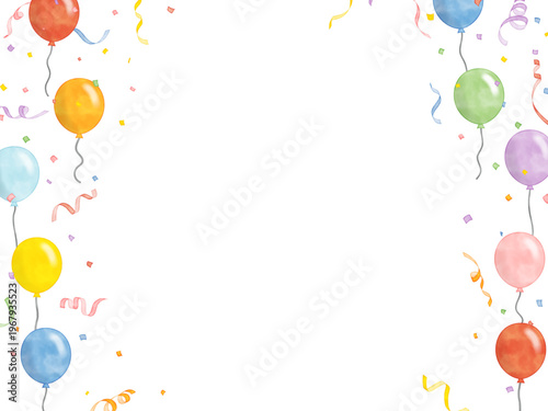 水彩風 両サイドに風船と紙吹雪を配置したパーティー背景 フレーム風コピースペースデザイン
