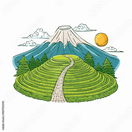 Scenic view of Mount Fuji with lush green rice terraces and a winding path leading towards the summit under a bright sun.