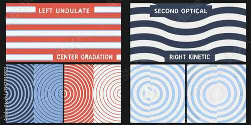 Four quadrants displaying optical illusions with varying stripe and swirl patterns