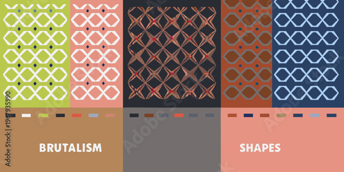 A colorful grid of geometric patterns with text reading brutalism and shapes