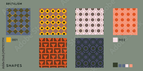 A collection of geometric patterned tiles in varying colors and shapes