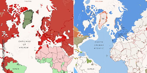 A comparative map illustrating landmasses and territorial designations