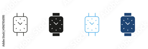 Square Wristwatch Icon Set. Timekeeping, Fashion Accessory, And Style Representation Outline And Silhouette Symbol Collection. Modern Design And Versatile Usage. Isolated Vector Illustration