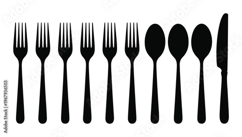 A row of black silhouette forks, spoons, and a knife on a white background