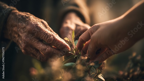 Elderly and young hands collaboratively tending a plant in a shared motion, simplified natural background with calm tones, soft golden light emphasizing unity, medium close-up shot with a 55mm lens, s