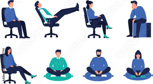 Cartoon illustration of eight people in seated postures showing meditation, relaxation, ergonomic positions and mindfulness activities