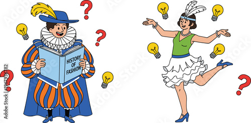 Cartoon illustration of historical fashion styles showing Renaissance outfit and 1920s flapper dress with symbols of learning and ideas