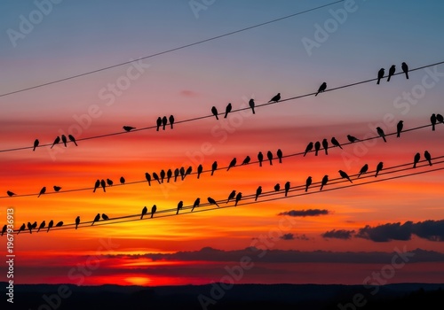 Birds sitting on power lines during sunset