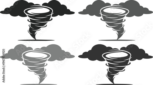 Powerful tornado vector set, four swirling cyclone illustrations, destructive storm graphic elements, natural disaster icons for weather alerts and environmental warnings.