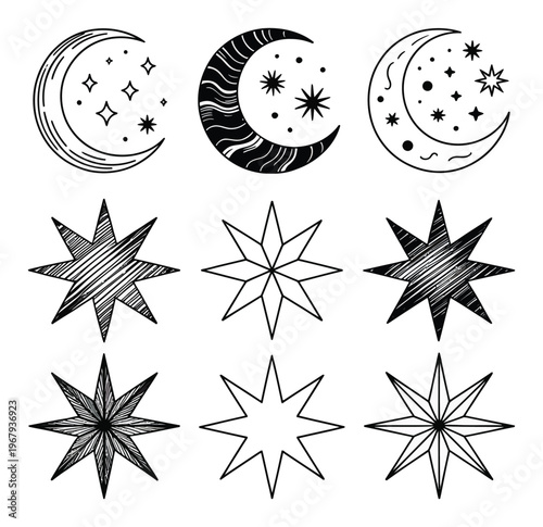 Celestial Hand-Drawn Moons and Stars in Black and White