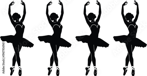 Elegant ballerina silhouettes in classic ballet pose en pointe with raised arms, tutu costumes, graceful dance performance art illustration