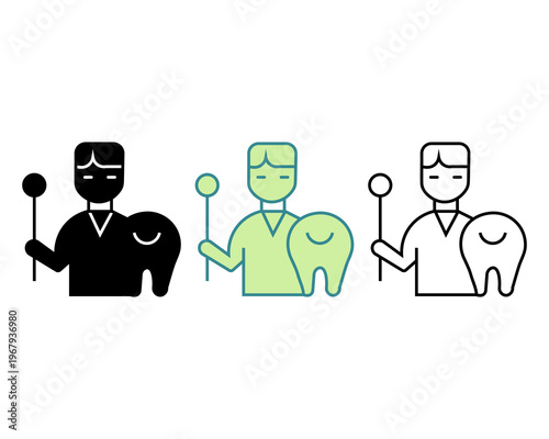 ​Dentistry Specialist with Dental Mirror - Silhouette, Line Art, and Two Tone.