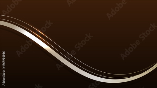 Abstract golden ribbon wave lines elements with glowing light on dark background.