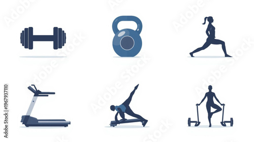 A set of flat design fitness icons including exercise equipment and people working out