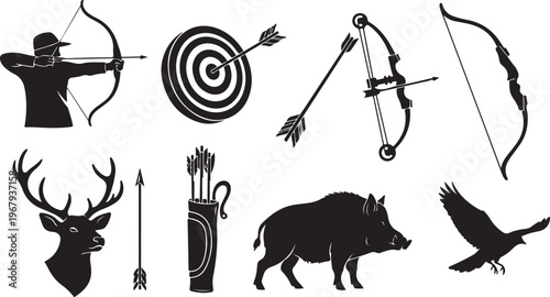 Hunting icons and silhouettes for archery and wildlife concepts