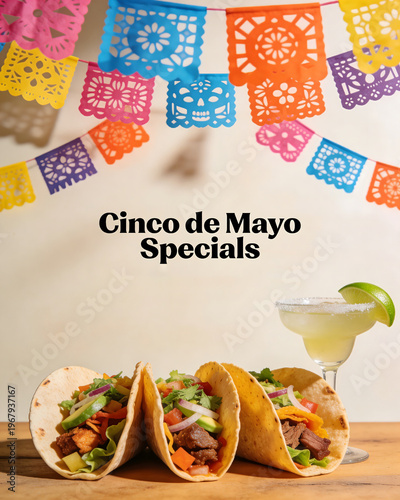 Cinco de Mayo tacos food background with copy space, festive Mexican celebration template