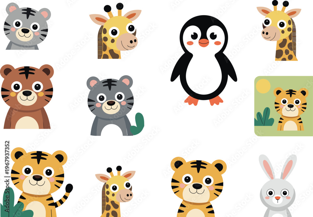 Naklejka premium Cute cartoon animal faces collection with tiger, giraffe, penguin and bunny characters, adorable kids vector illustration set isolated on white background