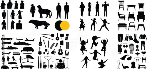 Large collection of black silhouette icons featuring people dancing musicians furniture clothing vehicles animals and lifestyle elements isolated vector design set
