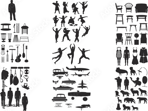 Large collection of silhouette icons featuring people, dancing figures, furniture, musical instruments, vehicles, fashion items and animals isolated vector set