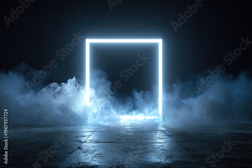 Illuminated square portal frame amidst atmospheric fog. Dark scene with a glowing portal