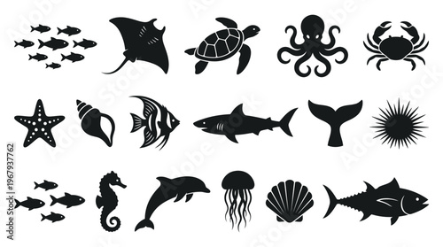 Marine Animal Silhouette Vector Illustration Collection | Ocean Wildlife Vector Artwork | Sea Creatures Vector Designs for Educational, Decorative, Branding, Logos, and Creative Graphic Projects
