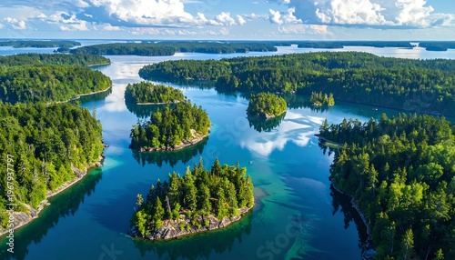 Aerial view of a serene lake with islands and lush greenery