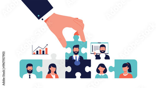 Giant hand carefully places a missing person puzzle piece into a team formation to represent a successful recruitment process.