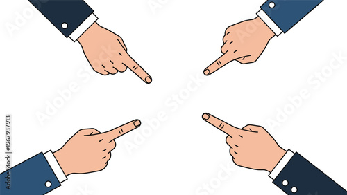 Four business hands point their fingers towards a common center to symbolize focus, collective blame, or choosing a new direction.