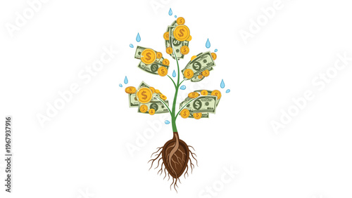 Money tree grows banknotes and gold coins from deep roots being watered by raindrops to illustrate sustainable wealth building.
