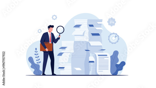 Determined businessman uses a large magnifying glass to search through massive towers of documents for essential information.