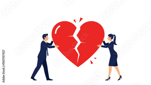 Two business partners try to mend a broken red heart to illustrate a reconciliation effort in a failed romantic or professional bond.