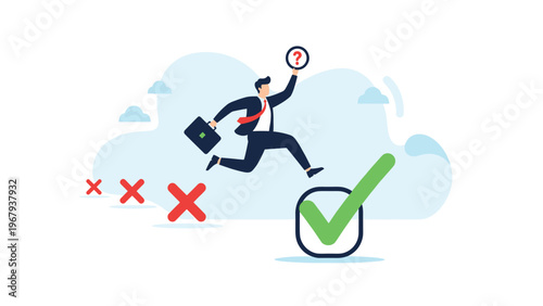 Businessman leaps over hurdles of red 'X' symbols towards a large green checkmark goal to symbolize overcoming daily obstacles.