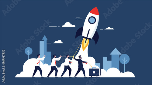 United business team uses ropes to pull and guide a rocket ship as it launches towards new heights of innovation and discovery.