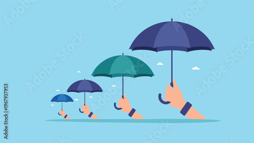 Multiple hands hold blue and green umbrellas of increasing sizes to represent a progression of growing protection and security.