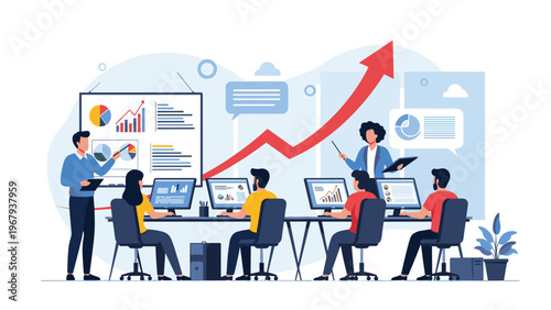 Group of business analysts work at their computers in an office with charts and a large rising red arrow symbolizing growth.